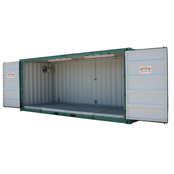 Lagercontainer für Pflanzenschutzmittel mit Seitenöffnung über die ganze Länge  